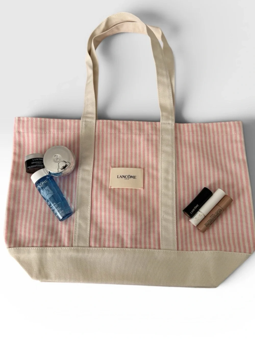 Lancôme Pink and Cream Striped Tote with Skincare Essentials